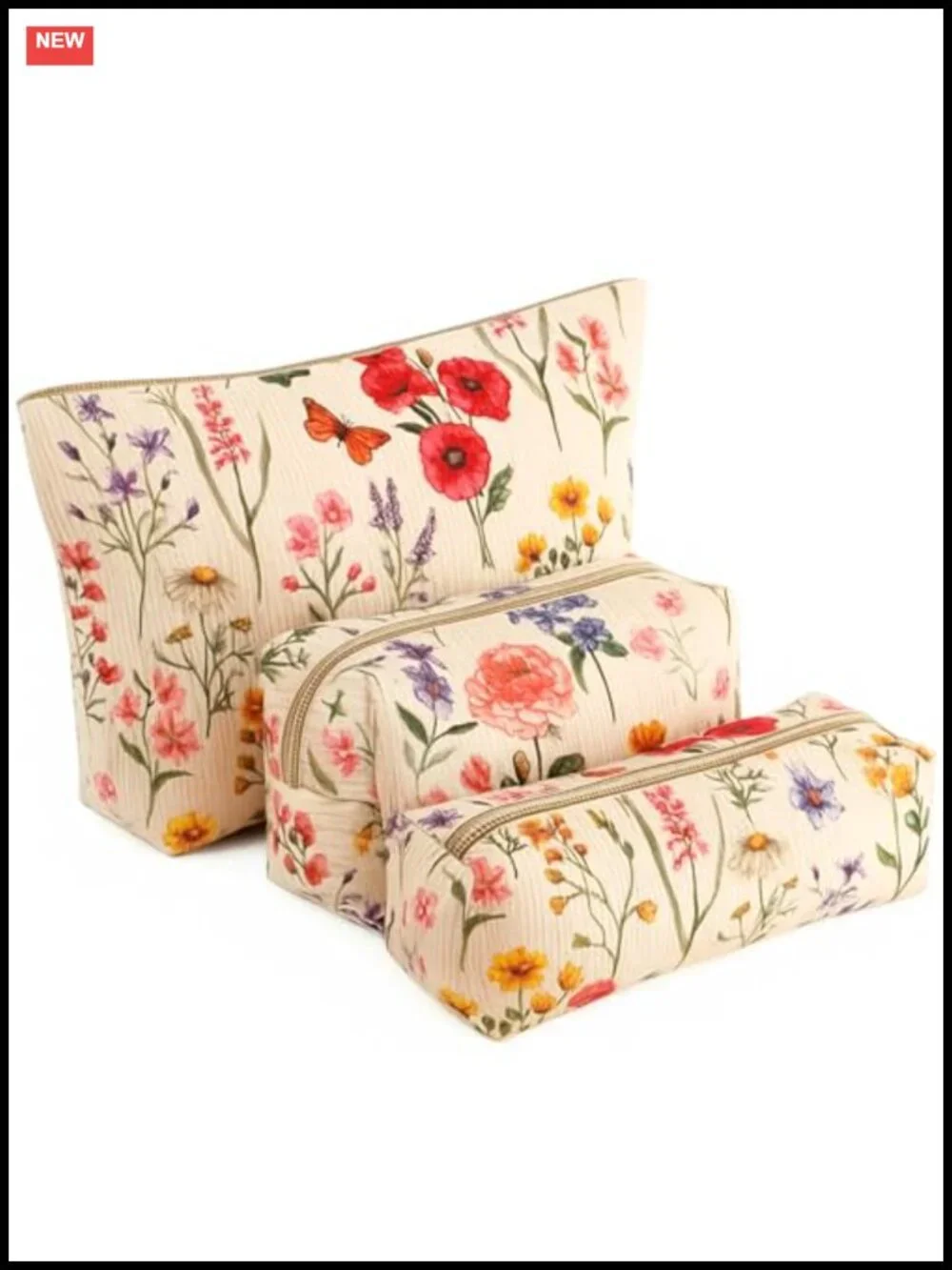 3 Piece Corduroy Floral Makeup Bag Set with Zipper for Travel or Storage